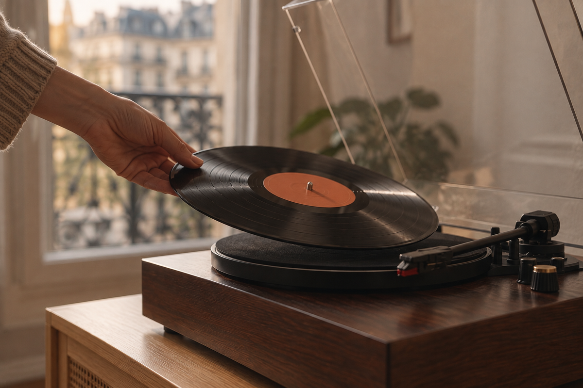 Main posant un vinyle sur une platine en bois dans un salon parisien Image