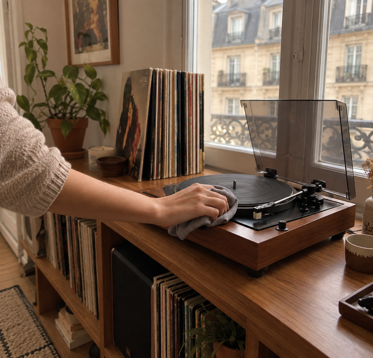 Main nettoyant une platine vinyle en bois avec un chiffon, entourée de disques Image