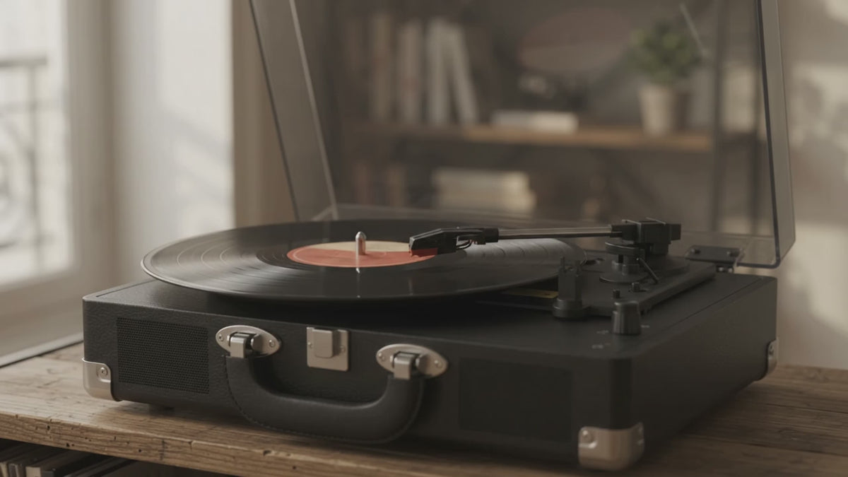 Platine vinyle valise noire avec un disque en rotation, dans une lumière douce d'intérieur parisien