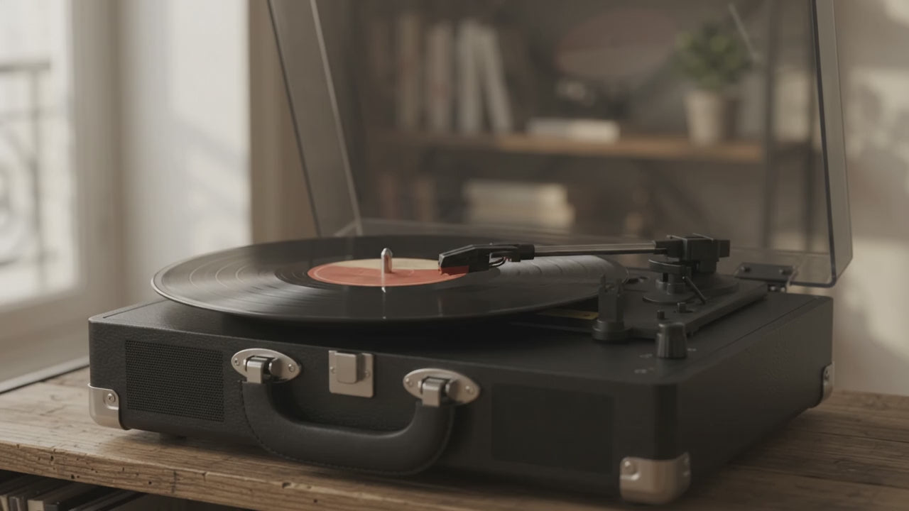 Platine vinyle valise noire avec un disque en rotation, dans une lumière douce d'intérieur parisien