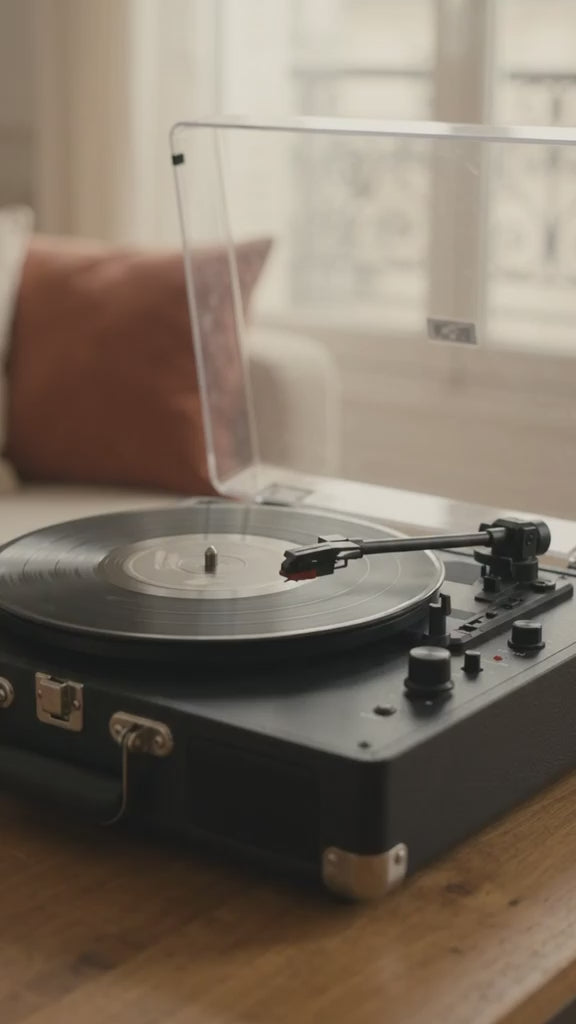 Platine vinyle valise noire avec un disque en rotation, dans une lumière douce d'intérieur parisien